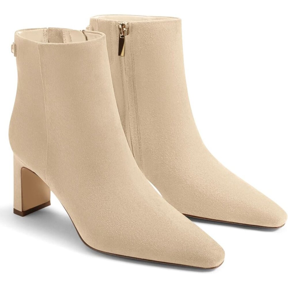 Women's Nude Ankle Boots Chunky Heel Closed Toe Booties Side Zipper Win